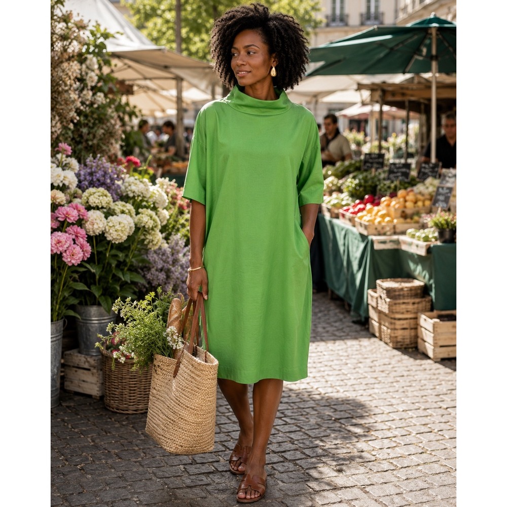 COS Lime Green‎ Cupro Cotton Funnel Neck Shift Dress Pockets Size 6